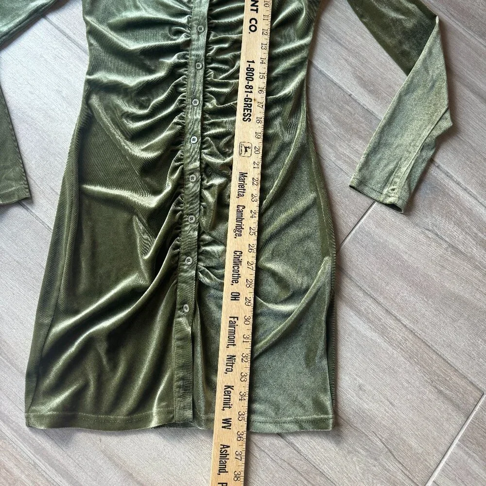 Mulla Olive Green Velour Button-Up Collared Dress – Women’s Medium - Picture 6 of 9